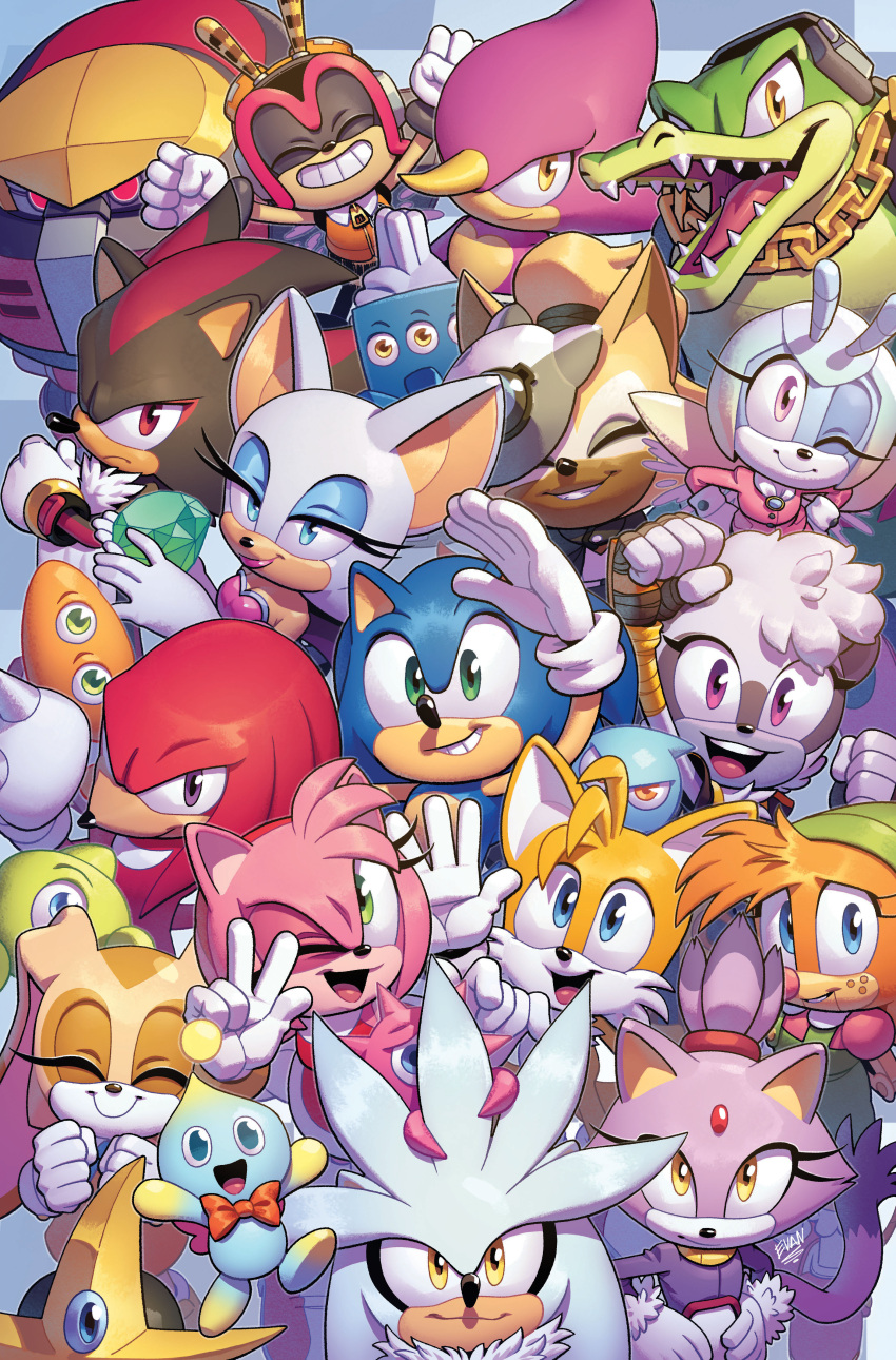 absurd_res alien amy_rose arthropod bee beetle belle_the_tinkerer blaze_the_cat blue_body blue_fur bow_tie canid canine chameleon chao_(sonic) chaos_emerald charmy_bee checkered_background cheese_the_chao clothing cream_the_rabbit crocodile crocodilian crocodylid crossed_arms cube_wisp e-123_omega echidna espio_the_chameleon eulipotyphlan evan_stanley eyes_closed female fox fur gemerl_the_gizoid gizoid gloves green_eyes group handwear hedgehog hi_res hymenopteran idw_publishing insect jewel_the_beetle knuckles_the_echidna lagomorph laser_wisp lemur leporid lizard machine makeup male mammal mask miles_prower monotreme orange_body orange_fur pattern_background pink_body pink_fur primate puppet purple_body purple_eyes purple_fur rabbit reptile robot rocket_wisp rouge_the_bat scalie sega shadow_the_hedgehog silver_the_hedgehog simple_background smile smiling_at_viewer smirk sonic_the_hedgehog sonic_the_hedgehog_(comics) sonic_the_hedgehog_(idw) sonic_the_hedgehog_(series) spikes_wisp strepsirrhine tan_body tan_fur tangle_the_lemur vector_the_crocodile whisper_the_wolf white_body white_fur wisp_(sonic) yellow_eyes