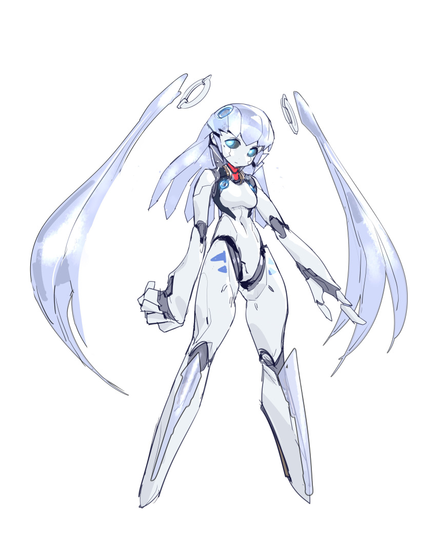 1girl absurdres black_sclera blue_eyes blue_hair colored_sclera full_body glowing glowing_eyes highres humanoid_robot joints long_hair looking_at_viewer no_feet original oversized_forearms oversized_limbs robot_joints shizuoxing_kof solo standing twintails very_long_hair white_background