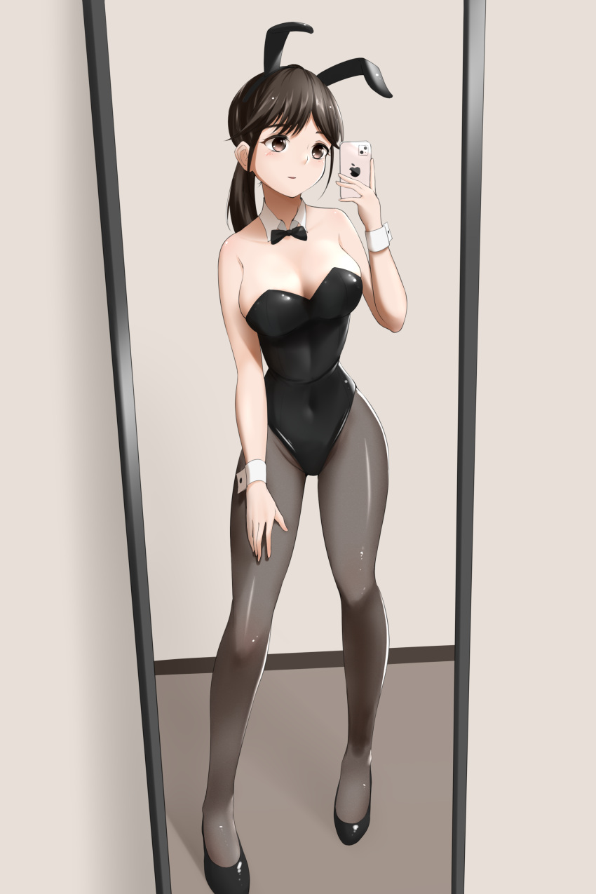 1girl absurdres animal_ears black_bow black_bowtie black_footwear black_hair black_legwear black_leotard bow bowtie breasts brown_eyes cellphone cleavage detached_collar full_body highres j.c.14 large_breasts leotard love_plus mirror pantyhose phone playboy_bunny ponytail rabbit_ears reflection solo standing takane_manaka wrist_cuffs