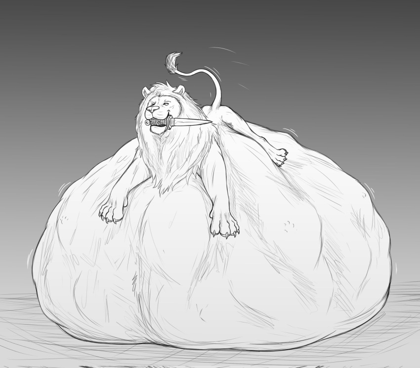 after_vore belly big_belly digestion felid feral feral_pred greyscale group hi_res hyper hyper_belly lion lion_pred lying male male_pred mammal melee_weapon monochrome on_front pantherine raised_tail sword sword_in_mouth thatgryphonguy vore weapon