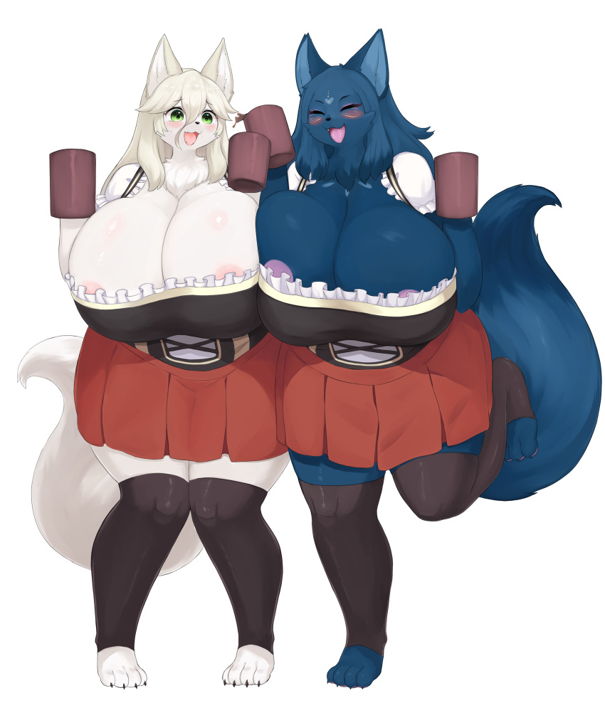 absurd_res anthro arctic_wolf areola big_breasts blue_body blue_fur breasts canid canine canis clothing container cup duo elvia female female/female fur hi_res holding_cup holding_object huge_breasts inake kemono legwear mammal simple_background thigh_highs white_background wolf