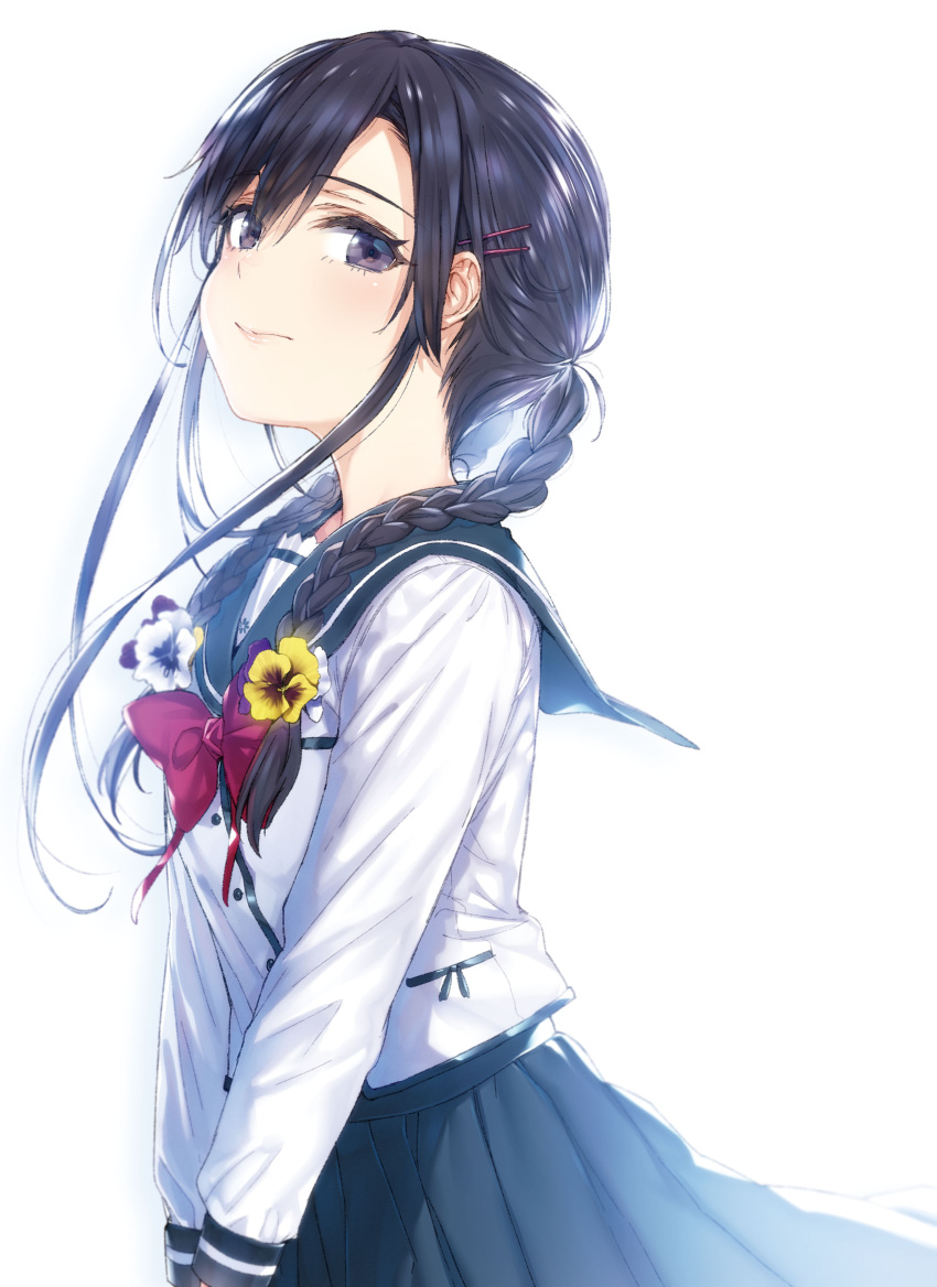 1girl absurdres black_hair blush bow bowtie braid breasts buriki closed_mouth cover_image dengeki_bunko flower hair_flower hair_ornament hair_over_shoulder hairpin highres long_hair long_sleeves looking_at_viewer medium_breasts novel_illustration official_art ore_wo_suki_nano_wa_omae_dake_ka_yo pansy pleated_skirt red_bow red_bowtie sanshokuin_sumireko school_uniform serafuku simple_background skirt solo textless_version twin_braids uniform v_arms white_background