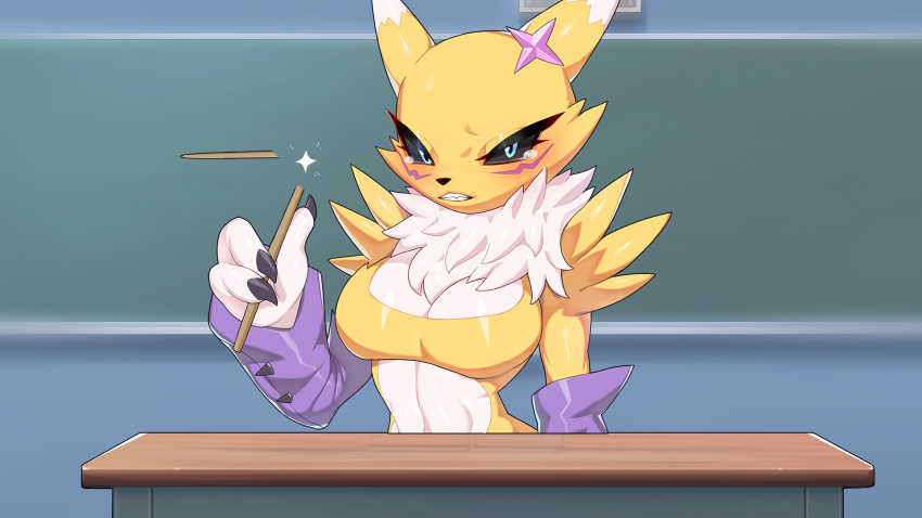 1girl angry animal_ears animal_hands animal_nose black_sclera blue_eyes blush body_fur breasts broken chalkboard classroom claws cleavage clenched_teeth colored_sclera commentary_request constricted_pupils crop_top desk detached_sleeves digimon digimon_(creature) drunkoak english_commentary facial_mark fang fox_ears fox_girl fur_collar furry furry_female half-closed_eyes hand_up highres holding indoors korean_commentary large_breasts looking_at_viewer mixed-language_commentary partial_commentary pointer purple_sleeves renamon shiny shiny_clothes shiny_skin shirt shuriken_hair_ornament sleeveless sleeveless_shirt solo stomach tears teeth two-tone_fur white_fur yellow_fur yellow_shirt