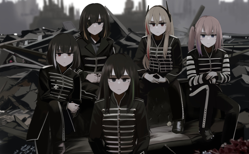 1other 5girls alternate_costume anti-rain_(girls'_frontline) band_uniform bangs black_eyes black_footwear black_hair black_jacket black_pants blonde_hair blue_eyes closed_mouth cosplay cross crossed_arms dinergate_(girls'_frontline) expressionless eyebrows_visible_through_hair eyepatch girls'_frontline hair_ornament hairclip hand_on_hand headset heterochromia highres hinami047 iron_cross jacket long_hair looking_at_viewer m16a1_(girls'_frontline) m4_sopmod_ii_(girls'_frontline) m4a1_(girls'_frontline) marching_band multicolored_hair multiple_girls my_chemical_romance pants parody pink_hair red_eyes ro635_(girls'_frontline) ruins scenery shoes side_ponytail sitting st_ar-15_(girls'_frontline) streaked_hair the_black_parade_(album)