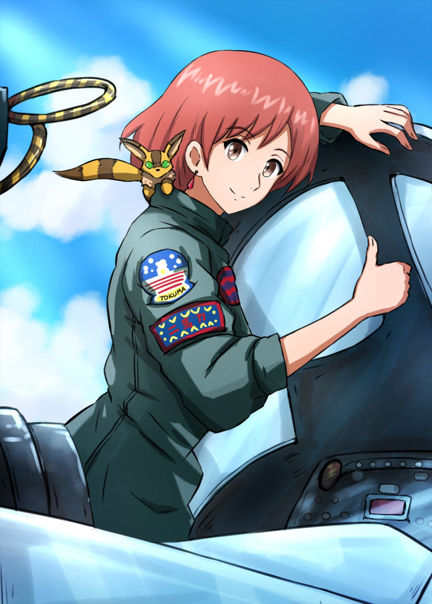 1girl 1other aircraft airplane brown_eyes brown_hair cockpit derivative_work ear_piercing f-14_tomcat highres kaze_no_tani_no_nausicaa looking_at_viewer nausicaa omachi_(slabco) parody pet piercing pilot_suit short_hair smile teto_(nausicaa) thumbs_up top_gun