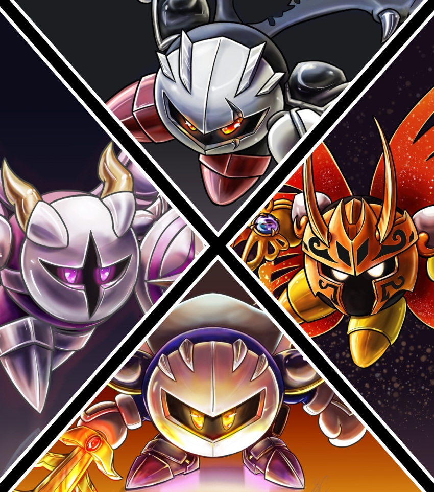 angel_wings armor bat_wings butterfly_wings cape dark_meta_knight fake_horns galacta_knight galaxia_(sword) glowing glowing_eyes greaves helmet highres horned_helmet horns kirby_(series) looking_at_viewer mask meta_knight morpho_knight pink_eyes red_eyes shield sword weapon westwing19 white_eyes wings yellow_eyes