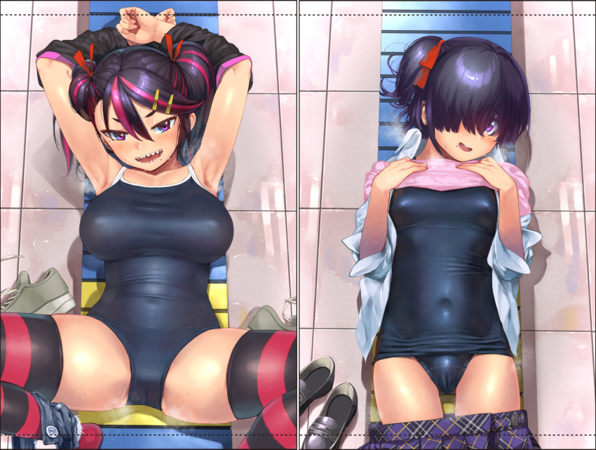2girls ariduka_anto armpits ass_visible_through_thighs bangs black_hair blue_swimsuit blush breasts clothes_pull covered_navel cowboy_shot dress_shirt formica_(vtuber) hair_between_eyes hair_ornament hair_over_eyes hair_over_one_eye hair_ribbon hairclip huge_breasts indoors loafers looking_at_viewer lying mole mole_under_eye mole_under_mouth multicolored_hair multiple_girls on_back one-piece_swimsuit one_side_up open_clothes open_mouth open_shirt plaid plaid_skirt pleated_skirt purple_eyes red_hair red_ribbon ribbon school_swimsuit school_uniform second-party_source sharp_teeth shiden_(sashimi_no_wife) shiny shiny_clothes shirt shoes shoes_removed short_hair side_ponytail skirt skirt_pull small_breasts smile steam steaming_body streaked_hair striped striped_legwear sweat swimsuit swimsuit_under_clothes teeth thighhighs tile_floor tiles towel twintails undressing virtual_anto_channel virtual_youtuber white_shirt