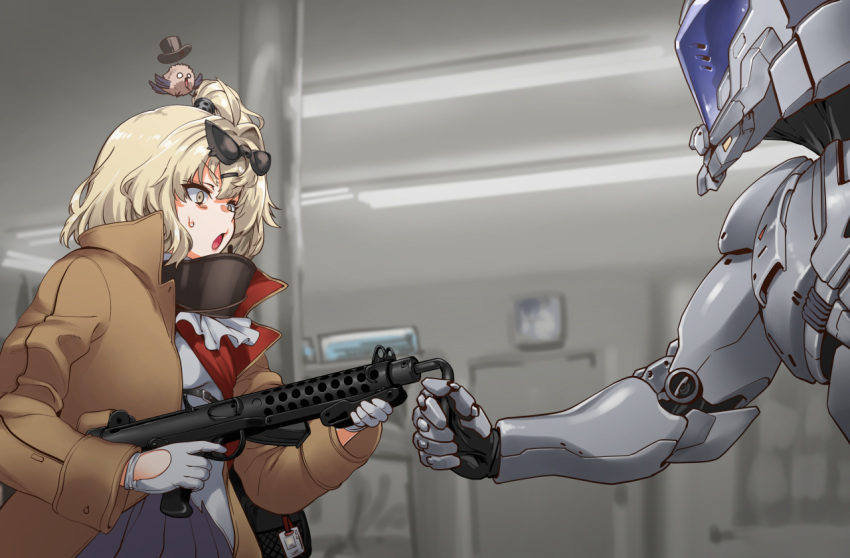 1girl 1other animal_on_head bangs bent_barrel bird bird_on_head blonde_hair brown_jacket cowboy_shot curly_hair eyewear_on_head fluorescent_lamp frilled_skirt frills from_side girls'_frontline gloves gun hair_ornament hairclip helmet henshako holding holding_weapon id_card jacket mechanical_arms o_o on_head open_clothes open_jacket parody robocop side_ponytail skirt sterling_(girls'_frontline) sterling_smg strelet_(girls'_frontline) submachine_gun sunglasses sweatdrop weapon white_gloves yellow_eyes