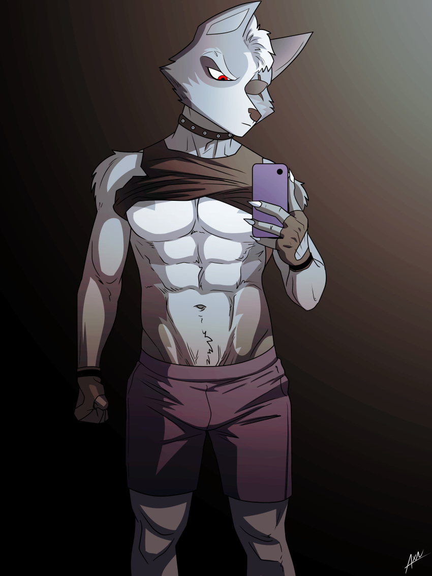 abs absurd_res anthro axxxonn biceps bottomwear canid canine canis cellphone clothed clothing eye_patch eyewear fingerless_gloves fur gloves grey_body grey_fur handwear hi_res holding_object male mammal muscular nintendo pecs phone raised_clothing raised_shirt raised_topwear red_eyes selfie shirt shorts simple_background solo star_fox tank_top topwear video_games wolf wolf_o'donnell