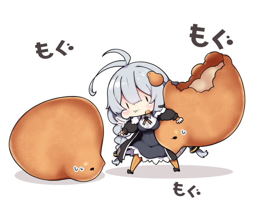 1girl :t antenna_hair bangs black_footwear black_jacket braid breasts brown_eyes chibi closed_mouth collared_shirt commentary_request dress dress_shirt eating food fur-trimmed_jacket fur_trim grey_dress grey_hair hair_between_eyes highres holding holding_food jacket kizuna_akari large_breasts long_hair long_sleeves low_twintails milkpanda motion_lines open_clothes open_jacket pantyhose puffy_cheeks puffy_long_sleeves puffy_sleeves shadow shirt shoes sleeves_past_wrists solo striped striped_legwear sweat translation_request twin_braids twintails vertical-striped_legwear vertical_stripes very_long_hair voiceroid wavy_mouth white_background white_shirt
