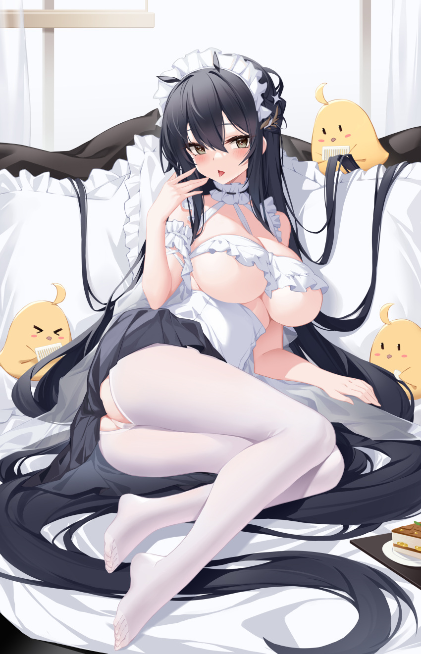 1girl absurdly_long_hair absurdres ass azur_lane between_breasts black_hair black_skirt blush breasts brown_eyes cameltoe comb combing crotchless crotchless_pantyhose eyebrows_visible_through_hair feet frills full_body hair_ornament hand_up heart heart_in_eye highres indomitable_(azur_lane) large_breasts long_hair looking_at_viewer lying maid maid_headdress manjuu_(azur_lane) miniskirt no_shoes on_side open_mouth panties pantyhose pillow pleated_skirt shirt skirt symbol_in_eye thighs tongue tongue_out underboob underwear very_long_hair white_legwear white_panties white_shirt yuxian_youka