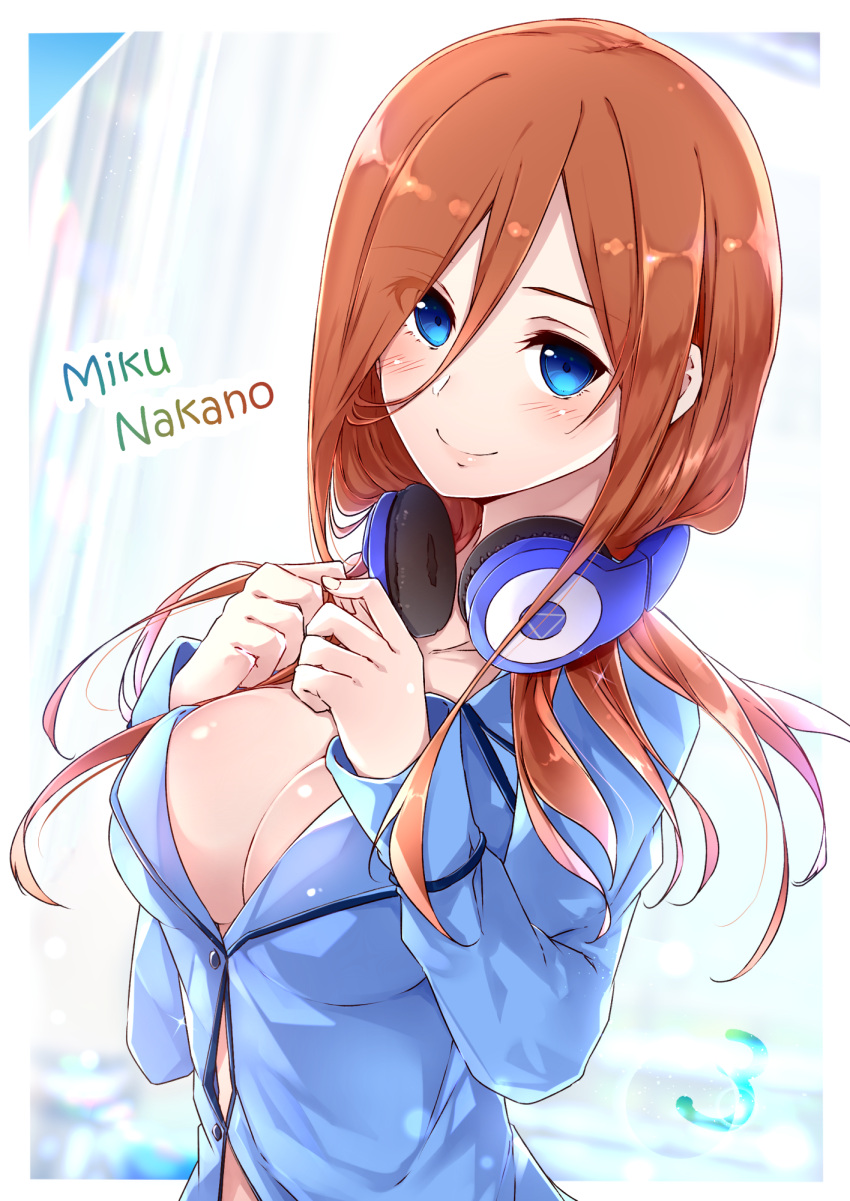 bad_id bad_pixiv_id blue_eyes blush breasts brown_hair eyebrows_visible_through_hair eyes_visible_through_hair go-toubun_no_hanayome hands_on_own_chest headphones headphones_around_neck highres large_breasts long_hair nakano_miku open_clothes own_hands_together pajamas simple_background smile