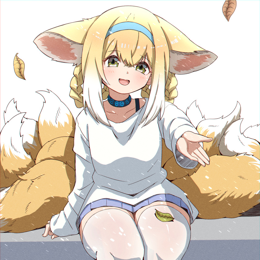 1girl :d absurdres animal_ears arknights bangs blonde_hair braid casual choker collarbone commentary eyebrows_visible_through_hair fox_ears fox_girl fox_tail gradient_hair green_eyes hair_between_eyes highres infection_monitor_(arknights) kyuubi leaf lhofi long_hair long_sleeves looking_at_viewer multicolored_hair multiple_tails pleated_skirt reaching_out sidelocks simple_background sitting skirt smile solo suzuran_(arknights) tail twin_braids two-tone_background white_legwear zettai_ryouiki