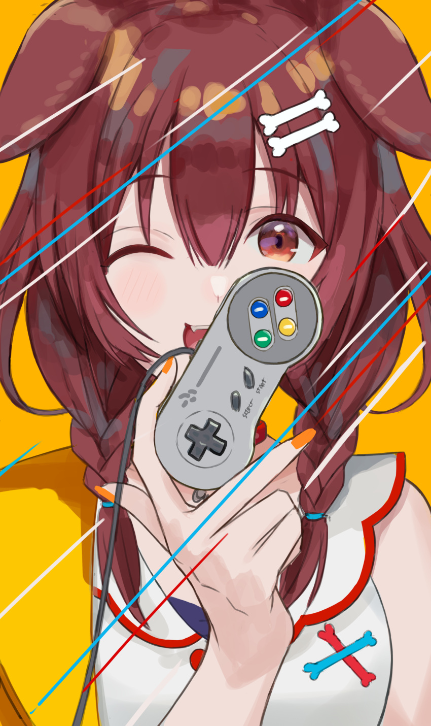 1girl absurdres animal_ears bare_shoulders bone_hair_ornament braid braided_bangs brown_eyes brown_hair commentary controller dog_ears dog_girl egas7t eyebrows_visible_through_hair fang fangs forehead game_console hair_between_eyes hair_ornament hand_up highres holding hololive inugami_korone looking_at_viewer nail_polish one_eye_closed open_mouth orange_nails shiny shiny_hair simple_background solo super_nintendo teeth upper_body upper_teeth virtual_youtuber yellow_background