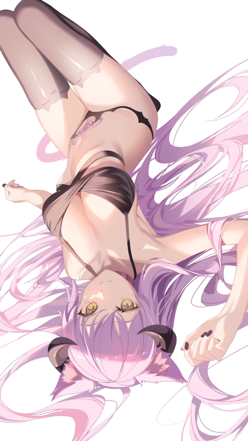 1girl animal_ear_fluff animal_ears cat_ears cat_tail choker highres horns long_hair looking_at_viewer lying nail_polish on_back original pink_hair pubic_tattoo revealing_clothes slit_pupils tail tattoo thighhighs tsuki-shigure very_long_hair white_background yellow_eyes