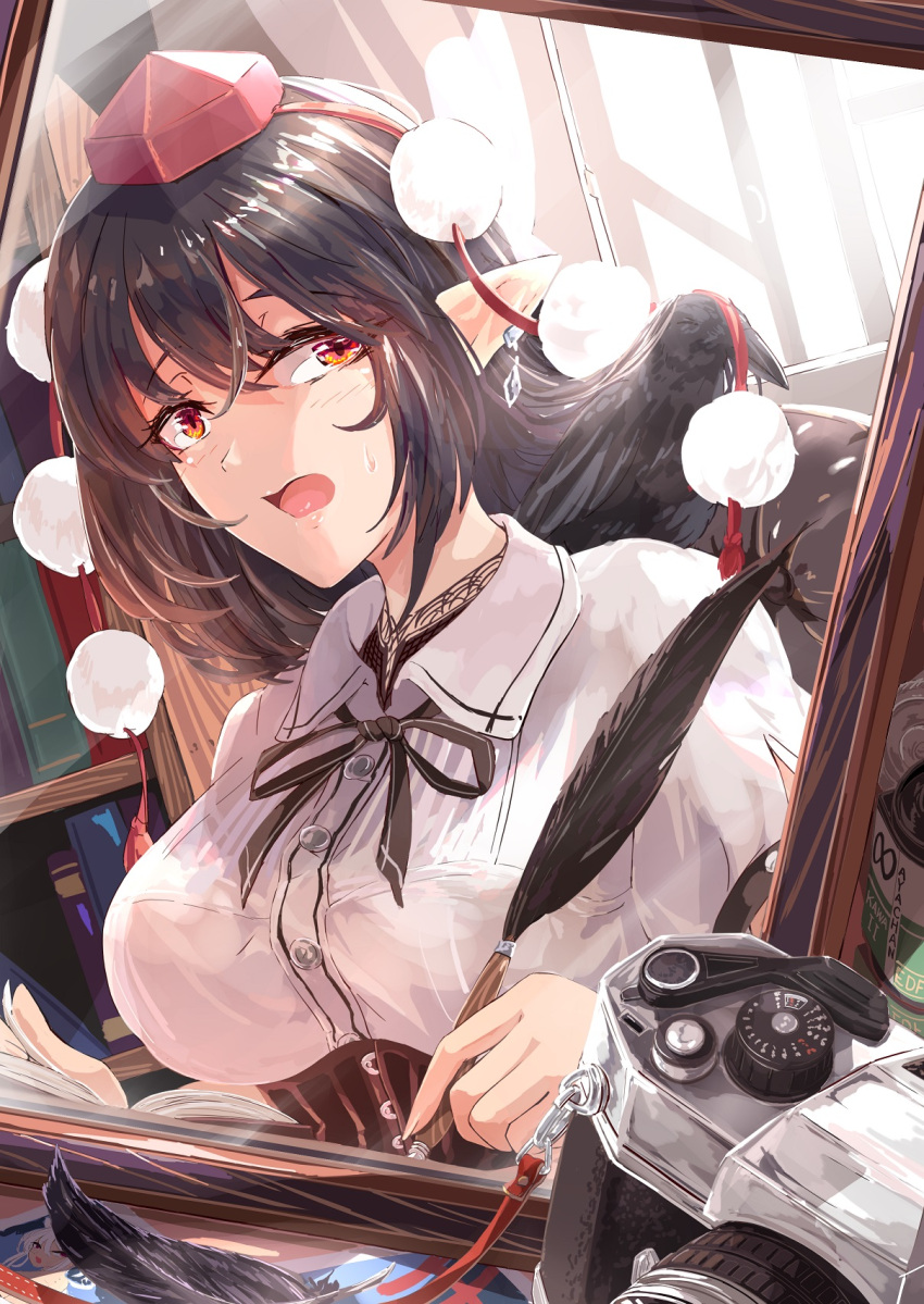 1girl bangs bird black_hair blush book bookshelf breasts buttons camera collared_shirt corset crow earrings eyebrows_visible_through_hair hair_between_eyes hat highres holding holding_quill indoors inubashiri_momiji jewelry kagami_toufu mirror neck_ribbon open_mouth photo_(object) pointy_ears pom_pom_(clothes) quill reflection ribbon shameimaru_aya shirt short_hair solo sunlight sweat sweatdrop tokin_hat touhou upper_body