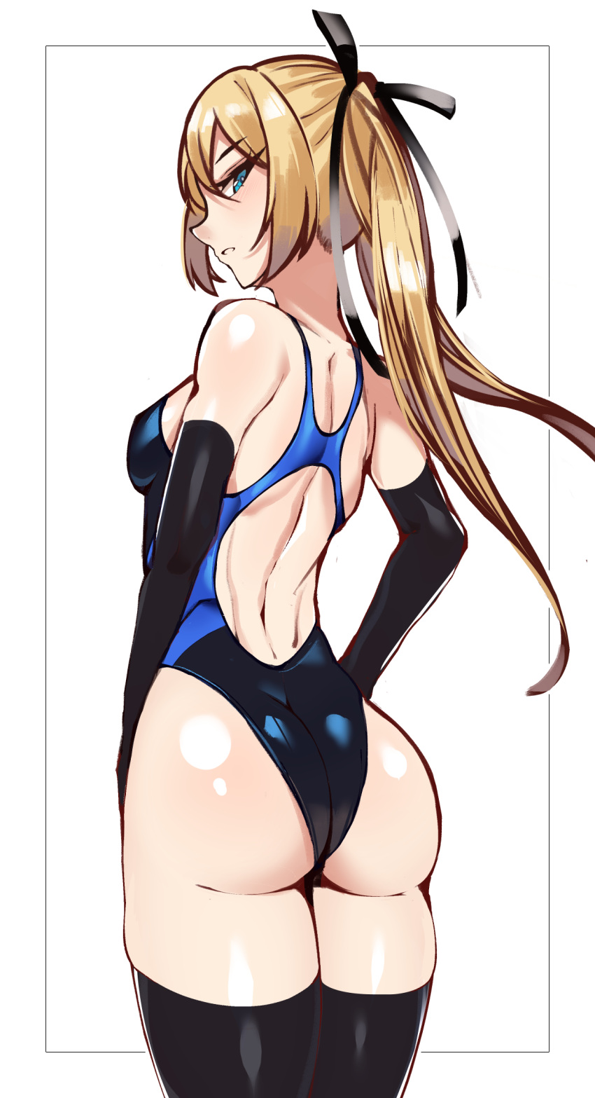 1girl ass black_gloves black_legwear black_swimsuit blonde_hair blue_eyes breasts commentary_request competition_swimsuit cowboy_shot dead_or_alive dead_or_alive_5 elbow_gloves from_behind gloves highres long_hair looking_at_viewer looking_back marie_rose one-piece_swimsuit simple_background small_breasts solo standing swimsuit thighhighs volyz white_background