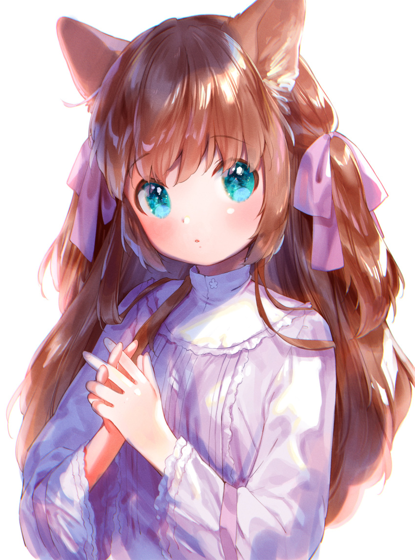 1girl animal_ears aqua_eyes blush brown_hair commentary_request dress hair_ribbon highres long_hair long_sleeves looking_at_viewer mutou_mato original own_hands_together parted_lips purple_dress purple_ribbon ribbon simple_background solo upper_body white_background