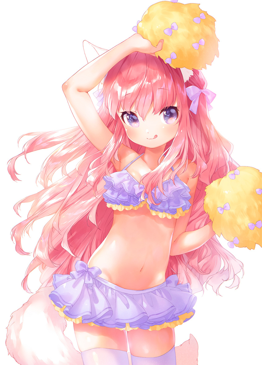 1girl :q animal_ears arm_up blush breasts cheerleader commentary_request crop_top hair_ribbon highres holding holding_pom_poms long_hair looking_at_viewer midriff miniskirt mutou_mato navel original pink_hair pom_pom_(cheerleading) purple_eyes purple_ribbon purple_skirt ribbon simple_background skindentation skirt small_breasts smile solo tail thighhighs tongue tongue_out wavy_hair white_background white_legwear