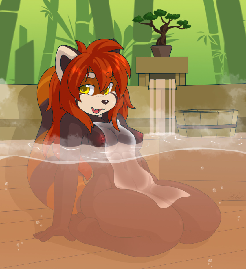 ailurid anthro bathing black_body breasts female hair helsy hi_res looking_at_viewer mammal open_mouth red_hair red_panda solo water yellow_eyes