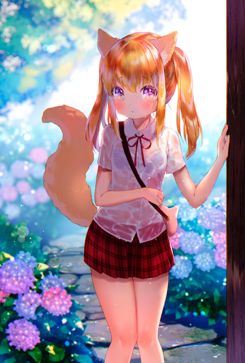 1girl animal_ears bag blush bra collared_shirt commentary_request feet_out_of_frame flower highres hydrangea long_hair looking_at_viewer mutou_mato nature neck_ribbon orange_hair original outdoors parted_lips pleated_skirt purple_eyes red_ribbon red_skirt ribbon see-through shirt short_sleeves shoulder_bag skirt solo tail twintails underwear wet wet_clothes wet_hair wet_shirt white_shirt