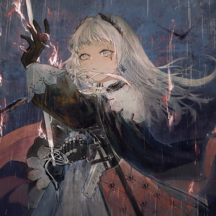 1girl arknights belt bird black_jumpsuit capelet closed_mouth cowboy_shot fire grey_eyes grey_hair grey_skirt gun head_wings high-waist_skirt highres holding holding_sword holding_weapon irene_(arknights) jumpsuit long_hair long_sleeves looking_at_viewer nekokomo_maoweimu outdoors rain rapier red_skirt scar scar_across_eye scar_on_face skirt solo sword weapon white_capelet