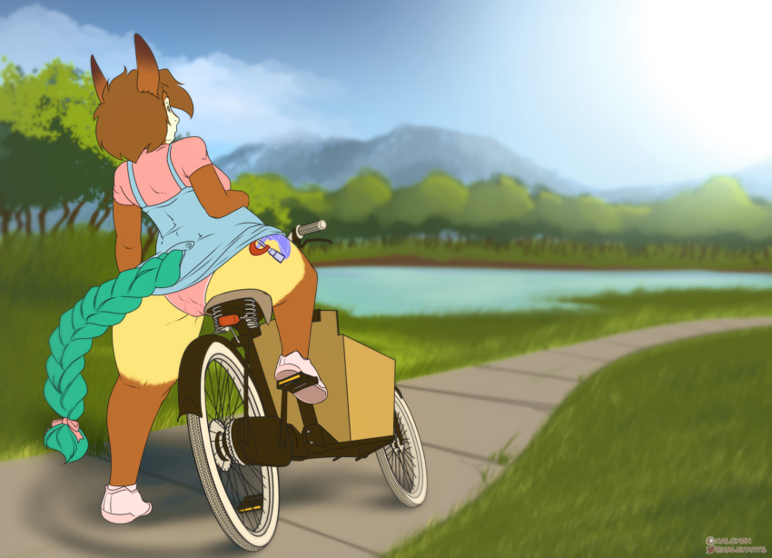 2022 anthro bicycle brown_hair butt camel_toe clothing cutie_mark day digital_media_(artwork) female footwear forest grass hair halcy0n hi_res jero mammal mountain my_little_pony outside pink_clothing pink_underwear plant rear_view road shoes solo tree underwear water wide_hips