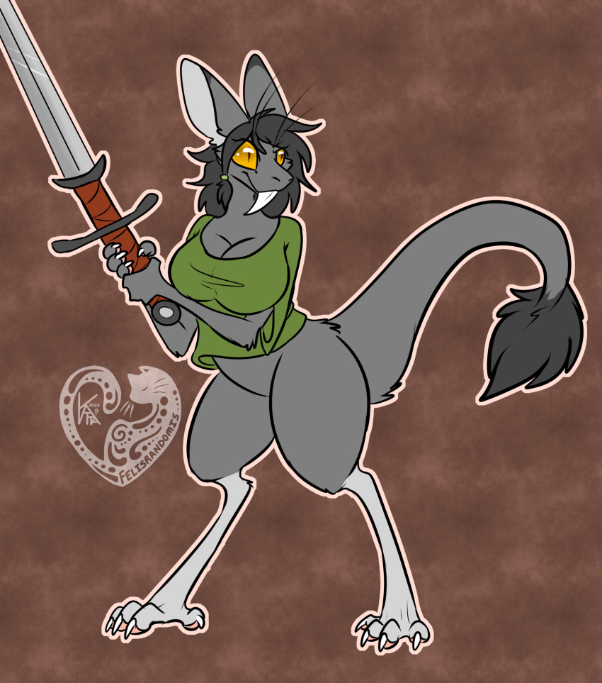 2022 anthro big_breasts bottomless breasts clothed clothing digital_media_(artwork) fangs featureless_crotch felisrandomis female fur grey_body grey_fur hair hi_res holding_object holding_sword holding_weapon mammal melee_weapon out-of-placers simple_background smile solo standing sword weapon webcomic yellow_sclera yinglet