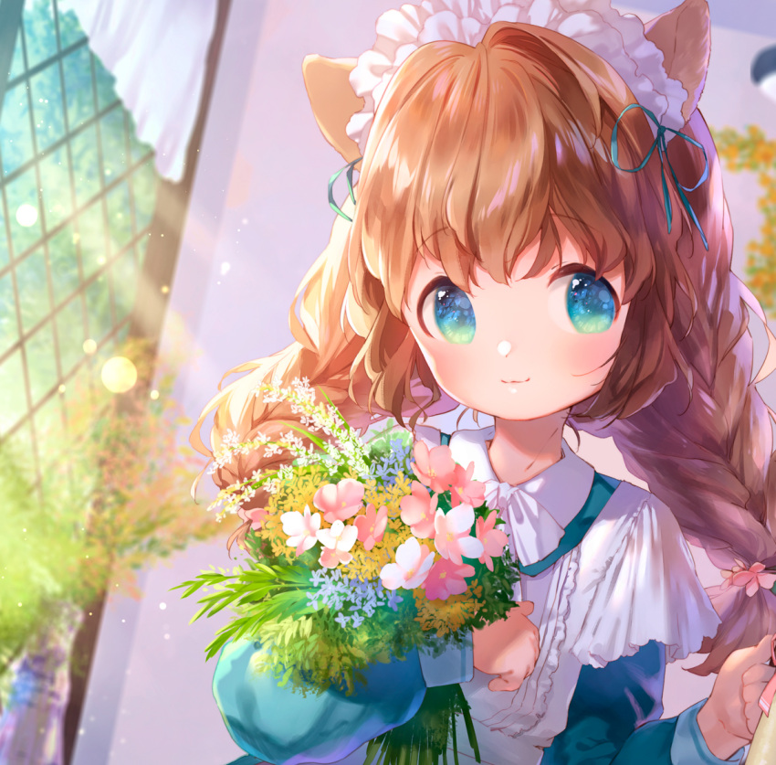 1girl animal_ears apron aqua_dress aqua_eyes blush bouquet braid brown_hair commentary_request dress flower frilled_hairband frills hair_flower hair_ornament hair_ribbon hairband holding holding_bouquet light light_particles long_hair mutou_mato original ribbon smile solo twin_braids upper_body white_apron