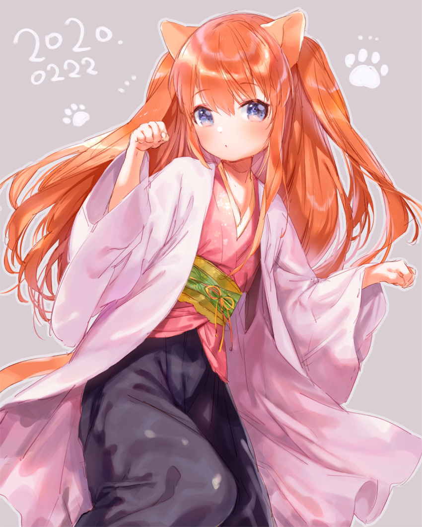 1girl animal_ears blush cat_day cat_ears cat_girl cat_tail commentary_request dated dot_mouth feet_out_of_frame grey_background hakama haori highres japanese_clothes kimono long_hair looking_at_viewer mutou_mato orange_hair original paw_pose paw_print purple_eyes short_kimono simple_background sketch solo tail wide_sleeves