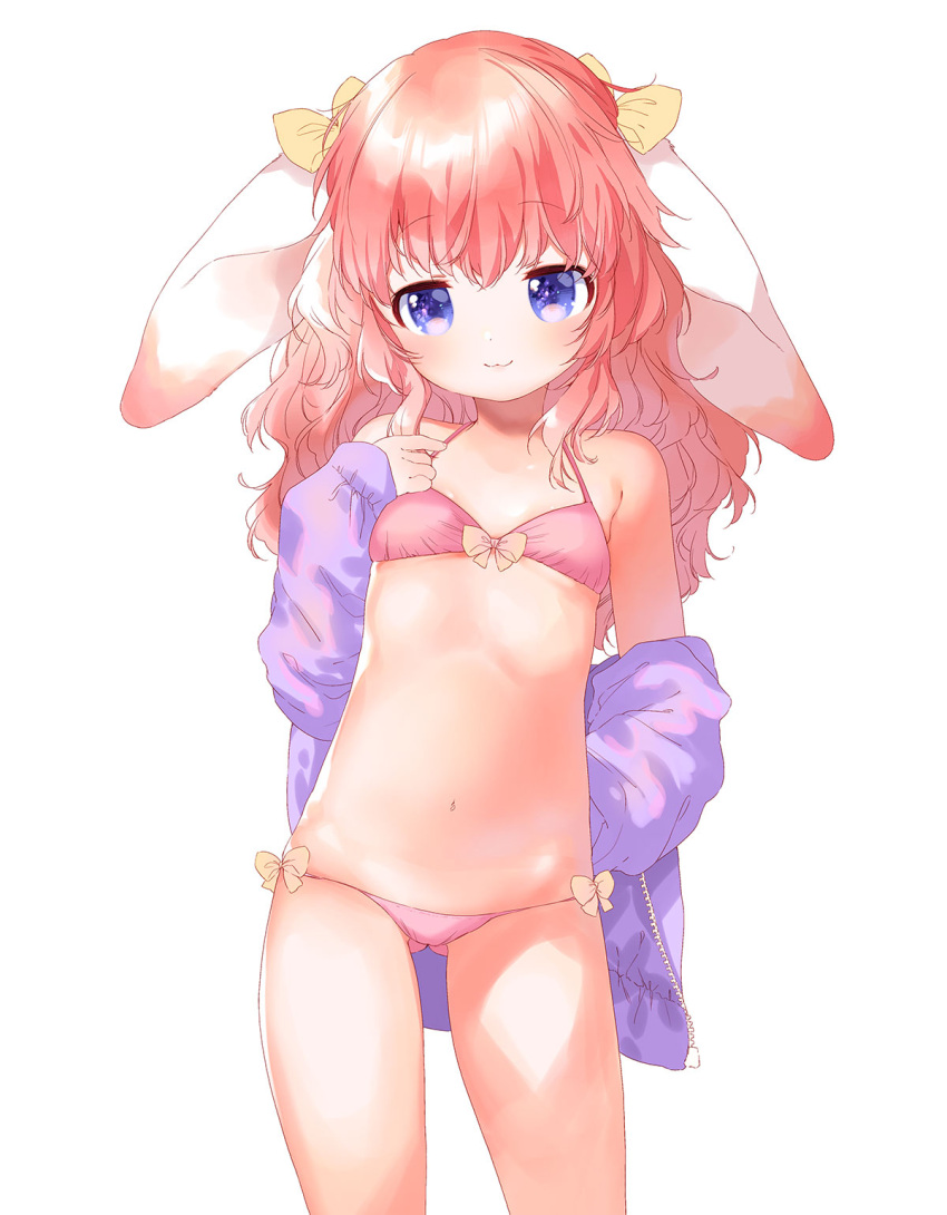 1girl :3 animal_ears bikini blush bow bow_bikini breasts commentary_request cowboy_shot hair_bow highres jacket long_hair looking_at_viewer mutou_mato off_shoulder open_clothes open_jacket original pink_background pink_hair purple_eyes purple_jacket simple_background sketch small_breasts smile swimsuit wavy_hair white_background