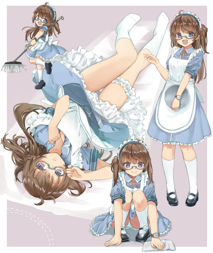 1girl ahoge alternate_costume amemiya_sekira apron bangs black_footwear blue_dress blue_eyes blush breasts brown_hair collared_dress commentary_request dotted_line dress enmaided eyebrows_visible_through_hair frilled_apron frilled_dress frills glasses green-framed_eyewear highres holding holding_tray long_hair lying maid maid_apron maid_headdress mop multiple_views neck_ribbon no_shoes on_back original panties rag red_ribbon ribbon sekira_ame semi-rimless_eyewear shoe_soles shoes short_sleeves small_breasts socks squatting standing standing_on_one_leg tray two_side_up under-rim_eyewear underwear very_long_hair watch white_apron white_legwear white_panties wristwatch