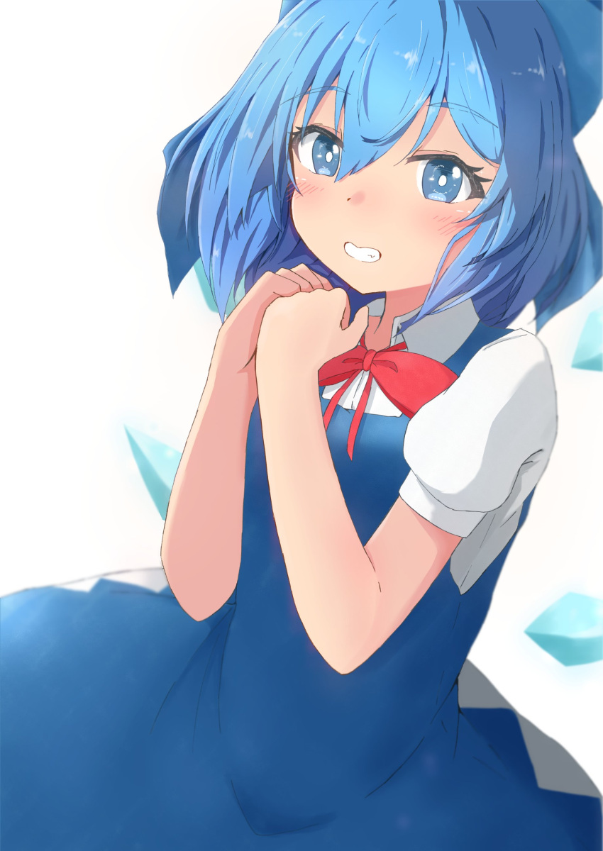 1girl absurdres blue_dress blue_eyes blue_hair blush bow cirno dress eyebrows_visible_through_hair grin hair_between_eyes hair_bow highres ice ice_wings looking_at_viewer mizune_(winter) puffy_short_sleeves puffy_sleeves red_ribbon ribbon short_hair short_sleeves smile solo teeth touhou wings