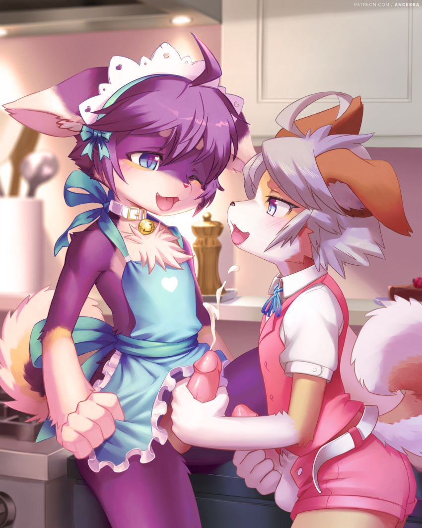 2boys :3 ahoge ancesra animal_ear_fluff animal_ears animal_nose apron apron_lift artist_name bangs bare_shoulders bell belt blue_apron blue_eyes blue_ribbon blurry blurry_background blush body_fur buttons cake cake_slice collar collared_shirt commentary commission cowboy_shot cum dog_ears dog_tail ears_down ejaculation english_commentary erection eye_contact fang food frilled_apron frills from_side furry furry_male grey_hair half-closed_eye half-closed_eyes handjob happy heart highres indoors jingle_bell kitchen leg_up looking_at_another maid_headdress male_focus male_masturbation masturbation multiple_boys naked_apron neck_bell neck_ribbon one_eye_closed open_clothes open_fly open_mouth open_shorts orgasm original patreon_username penis pink_shorts pink_vest profile purple_fur ribbon shiny shiny_hair shirt short_hair short_shorts short_sleeves shorts sidelocks smile snout spread_legs standing stove tail testicles tongue tongue_out two-tone_fur unbuttoned vest watermark white_fur white_shirt yaoi yellow_fur