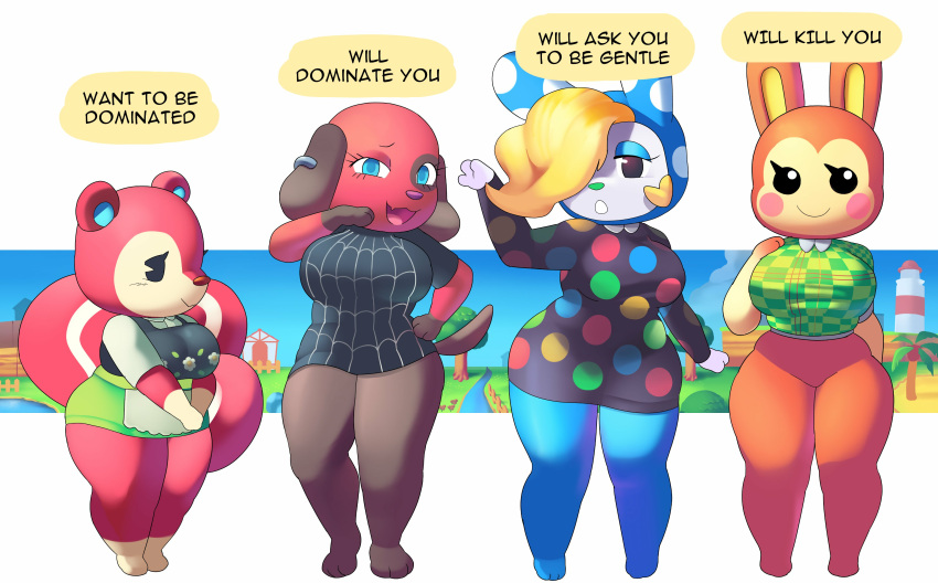 absurd_res aerth animal_crossing anthro beady_eyes black_body black_eyes blonde_hair blue_body blue_eyes blue_eyeshadow bottomless bottomless_female breasts bunnie_(animal_crossing) canid canine canis cherry_(animal_crossing) clothed clothing domestic_dog dress ear_piercing eyelashes eyeshadow female francine_(animal_crossing) group hair hand_on_breast hand_on_hip hi_res lagomorph leporid looking_at_viewer makeup mammal meme nintendo one_eye_obstructed orange_body piercing poppy_(animal_crossing) rabbit red_body rodent rosy_cheeks sciurid short_stack smile smug snaggle_tooth tan_body tree_squirrel video_games white_body