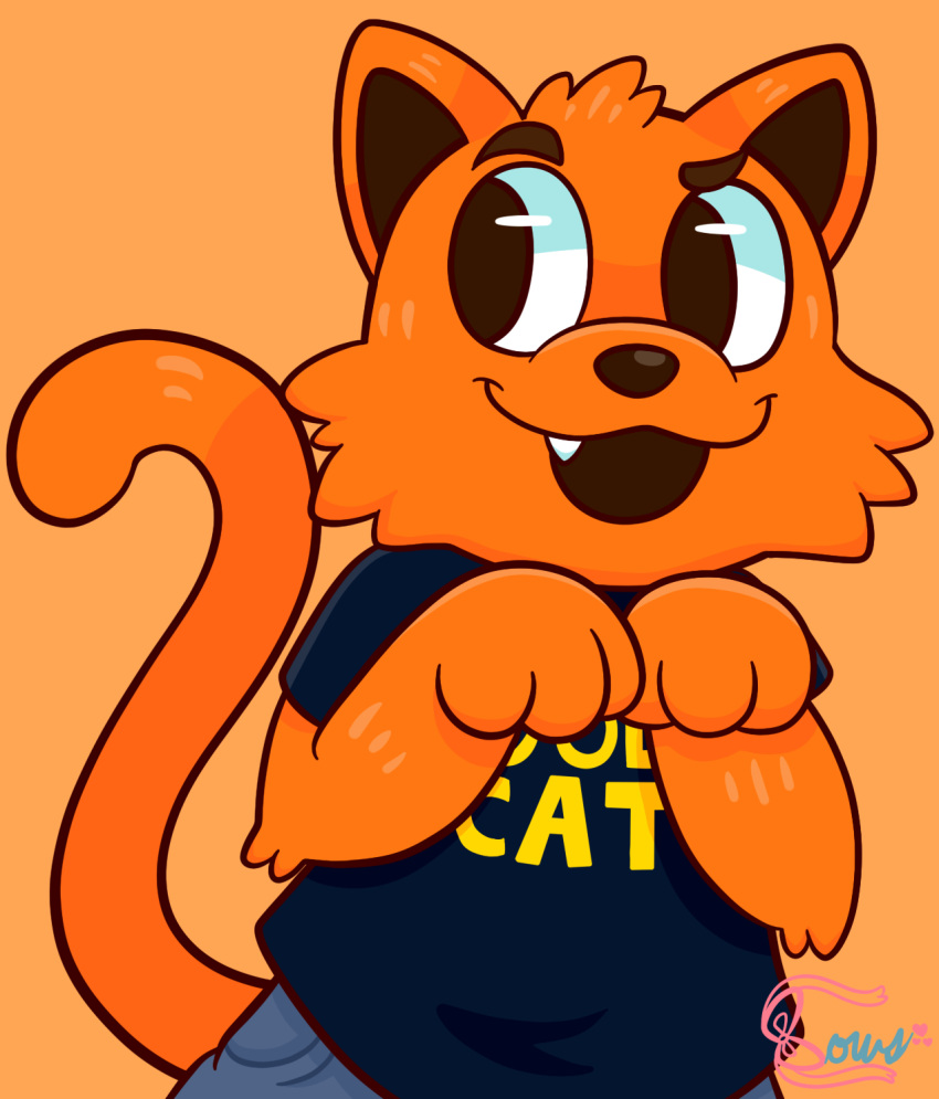 2019 3_fingers anthro black_eyes blue_clothing blue_shirt blue_topwear bottomwear bowsaremyfriends clothed clothing cool_cat cool_cat_(series) cute_fangs domestic_cat eyebrows felid feline felis fingers fluffy fur hi_res looking_aside male mammal open_mouth orange_background orange_body orange_fur pants paw_pose pose raised_eyebrow shirt signature simple_background solo t-shirt toony topwear