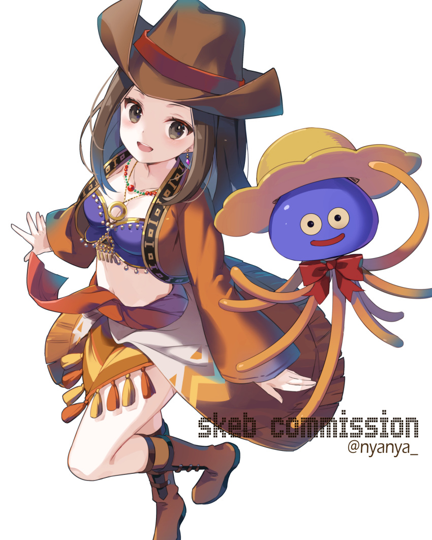 1girl :d bangs black_hair black_legwear boots bow breasts brown_eyes brown_footwear brown_headwear brown_jacket character_request cleavage collarbone commentary_request commission cowboy_hat cropped_jacket dragon_quest earrings fringe_trim hat highres hoimi_slime jacket jewelry long_hair long_sleeves looking_at_viewer medium_breasts navel necklace nyanya open_clothes open_jacket parted_bangs red_bow simple_background skeb_commission sleeves_past_wrists slime_(creature) smile socks twitter_username white_background wide_sleeves