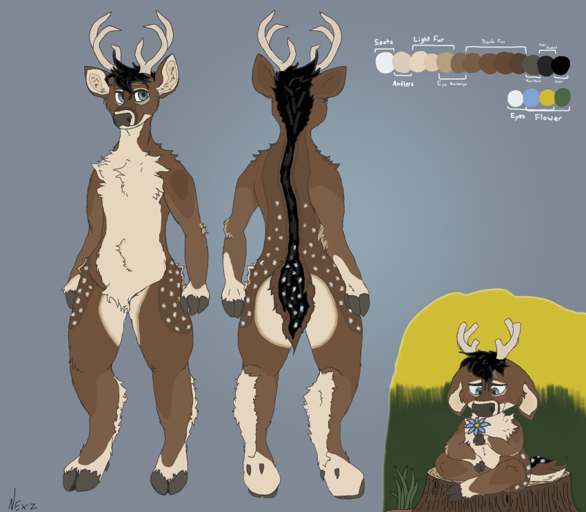 absurd_res anthro antlers aster black_hair blue_eyes blush brown_body brown_fur cervid chibi color_swatch flower fur grass hair hi_res hooves horn male mammal markings model_sheet nexz plant simple_background smile solo spots spotted_body spotted_fur spotted_markings text tree_stump