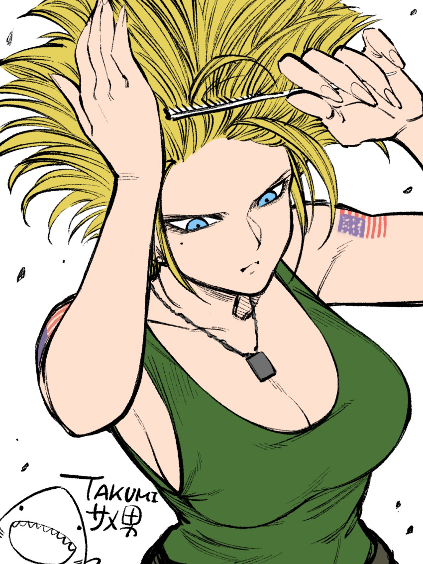 1girl american_flag_tattoo arm_tattoo big_hair blonde_hair blue_eyes breasts cleavage closed_mouth comb combing fingernails flat_color genderswap genderswap_(mtf) green_shirt guile hair_brushing highres holding holding_comb jewelry large_breasts long_fingernails mole mole_under_eye necklace serious shadow shark shiny shiny_clothes shirt simple_background sleeveless sleeveless_shirt solo street_fighter takumi_watanuki tattoo white_background