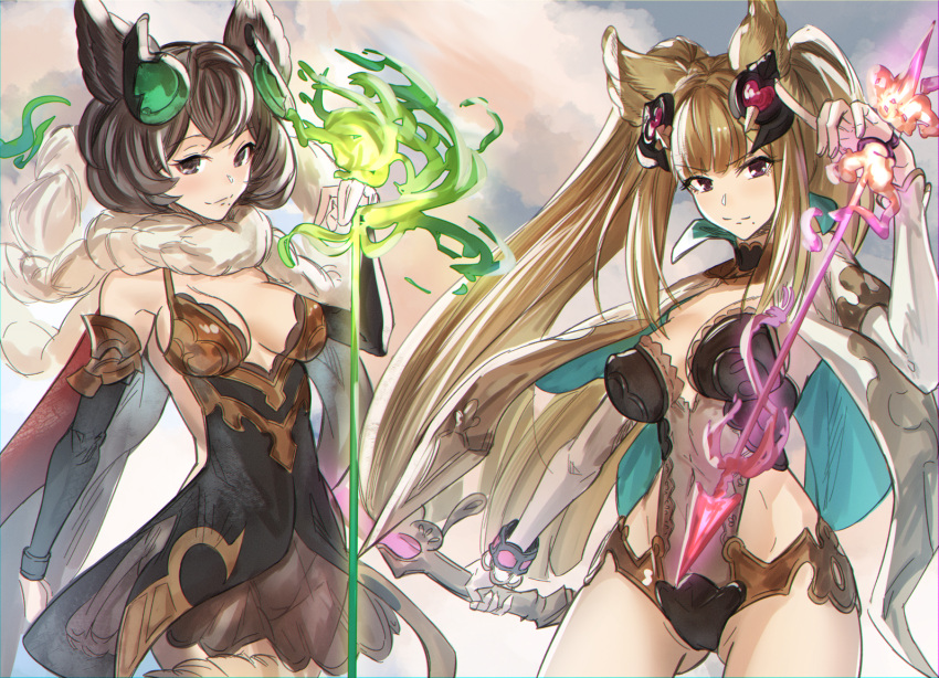 2girls animal_ears ass_visible_through_thighs bangs bare_shoulders blunt_bangs bow_(weapon) breasts brown_eyes brown_hair bustier cape cleavage closed_mouth covered_navel covered_nipples cowboy_shot crossed_bangs detached_sleeves dress erune eyebrows_visible_through_hair fur_trim granblue_fantasy hair_ornament holding holding_weapon large_breasts light_brown_hair long_hair looking_at_viewer medium_breasts medium_hair metera_(granblue_fantasy) mole mole_under_mouth multiple_girls nstch_root_a purple_eyes short_dress siblings sideboob sideless_outfit sidelocks sisters smile smirk sutera_(granblue_fantasy) twintails very_long_hair weapon