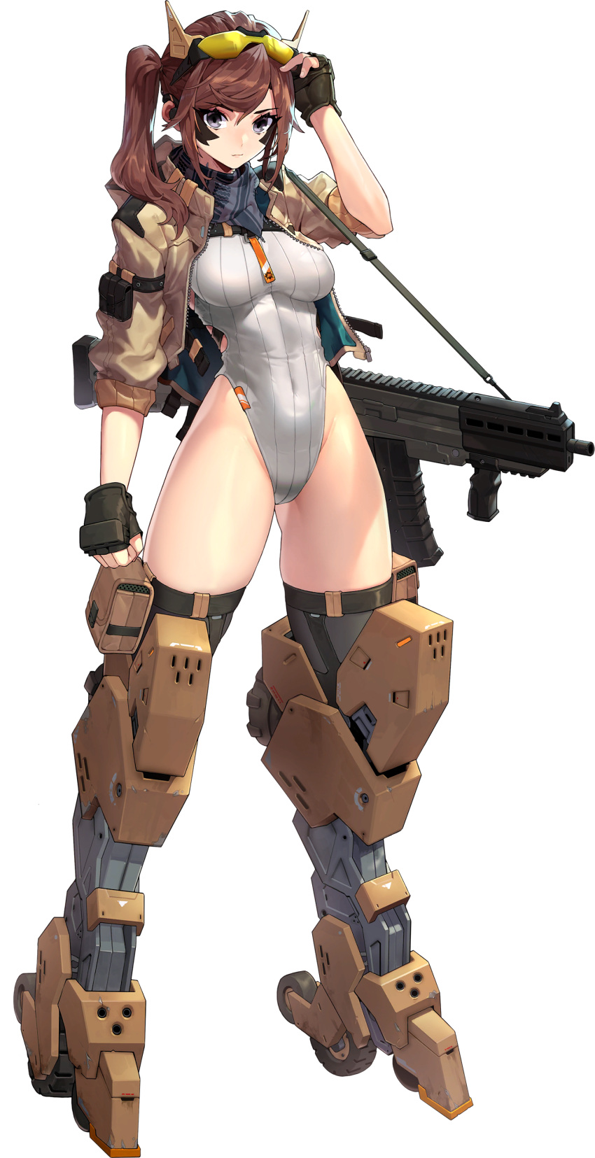 1girl absurdres assault_rifle boots breasts brown_hair eyewear_on_head facial_mark fingerless_gloves full_body gloves grey_eyes gun highleg highleg_leotard highres kheshig_(last_origin) last_origin leotard mar10 medium_breasts navel official_art one_side_up ponytail ribbed_leotard rifle shemagh side_ponytail skindentation solo tachi-e thigh_boots thighhighs transparent_background weapon