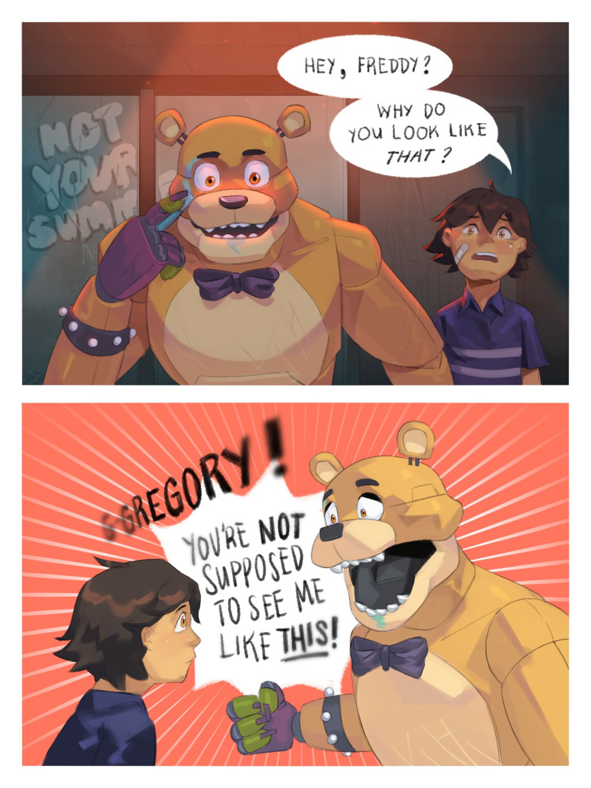 age_difference animatronic anthro comic embarrassed english_text eyeshadow five_nights_at_freddy's five_nights_at_freddy's:_security_breach glamrock_freddy_(fnaf) gregory_(fnaf) hi_res human humor machine makeup male mammal novumave robot scottgames text video_games young younger_male