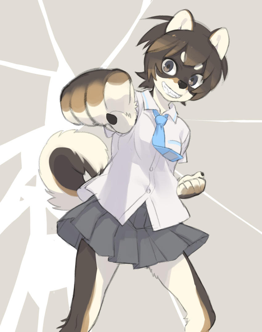 2022 5_fingers anthro bottomwear breasts brown_body brown_eyes brown_fur brown_hair brown_nose canid canine canis claws clenched_teeth clothing domestic_dog fangs female finger_claws fingers fist foreshortening fur hair hi_res japanese_school_uniform kemono kikurage kuroshiba_nagomi looking_at_viewer mammal multicolored_body multicolored_fur multicolored_tail necktie portrait punch school_uniform shirt short_hair skirt small_breasts solo tail_through_skirt tan_body tan_fur teeth three-quarter_portrait topwear uniform white_body white_fur