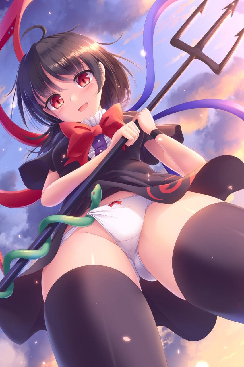 1girl :d ass_visible_through_thighs asymmetrical_wings black_dress black_hair black_legwear bow cloud commentary_request dress highres houjuu_nue looking_at_viewer lzh open_mouth panties polearm red_bow red_eyes short_hair short_sleeves smile snake solo thighhighs touhou trident underwear upskirt weapon white_panties wings wristband