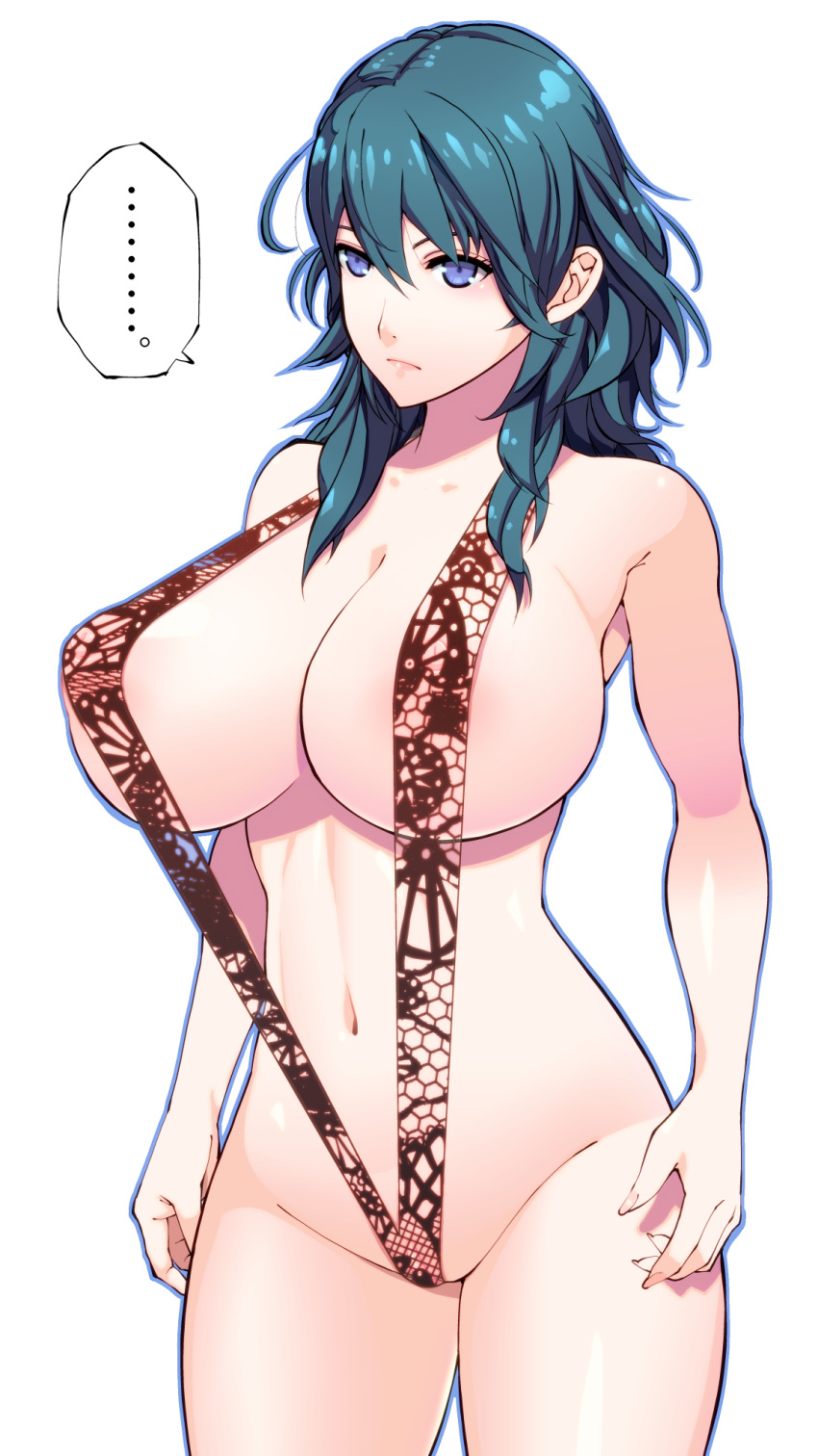 ... 1girl alternate_costume black_swimsuit blue_eyes blue_hair breasts byleth_(fire_emblem) byleth_(fire_emblem)_(female) fire_emblem fire_emblem:_three_houses highres large_breasts medium_hair navel one-piece_swimsuit rakko_(r2) revealing_clothes simple_background slingshot slingshot_swimsuit solo swimsuit transparent_background