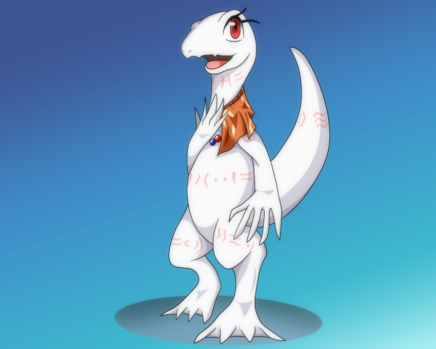 2018 4_toes albino anthro arm_markings bead_necklace belly belly_markings big_tail biped blue_background cape cape_only capelet cel_shading clothing crusch_lulu cute_fangs digital_drawing_(artwork) digital_media_(artwork) digitigrade eyelashes feet female flat_chested front_view gradient_background jewelry leg_markings lizard lizardman_(overlord) long_neck long_tail markings membrane_(anatomy) mostly_nude neck_markings necklace open_mouth open_smile orange_cape ordinary_zero overlord_(series) pattern_cape pink_markings pink_tongue pupils red_eyes reptile scalie shaded shadow simple_background slit_pupils smile solo tail_markings thick_tail thigh_markings toes tongue tribal tribal_markings webbed_feet white_body