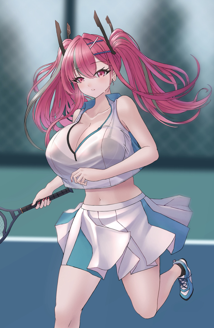 1girl absurdres azur_lane bangs bare_shoulders black_bra blurry blurry_background blush bra bralines breasts bremerton_(azur_lane) bremerton_(scorching-hot_training)_(azur_lane) chain-link_fence cleavage collarbone collared_shirt commentary_request crop_top eyebrows_visible_through_hair fence foreshortening green_footwear green_skirt grey_hair hair_between_eyes hair_intakes hair_ornament hairclip highres holding holding_racket large_breasts long_hair looking_at_viewer midriff multicolored_hair navel no_mole parted_lips pink_eyes pink_hair pink_nails pleated_skirt racket see-through see-through_shirt shirt shoes sidelocks skirt sleeveless sleeveless_shirt sneakers solo sportswear standing standing_on_one_leg streaked_hair sweat syu.mu tennis tennis_court tennis_racket tennis_uniform twintails two-tone_hair two-tone_shirt two-tone_skirt underwear wet wet_clothes wet_shirt white_shirt white_skirt x_hair_ornament