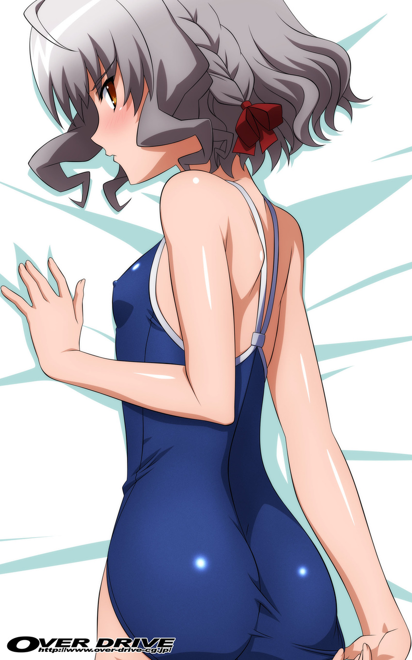 absurdres adjusting_clothes adjusting_swimsuit ass bell_zephyr blush braid breasts competition_school_swimsuit covered_nipples flat_chest grey_hair highres lying medium_breasts night_wizard non-web_source on_stomach one-piece_swimsuit orange_eyes school_swimsuit short_hair solo sugimura_tomokazu swimsuit