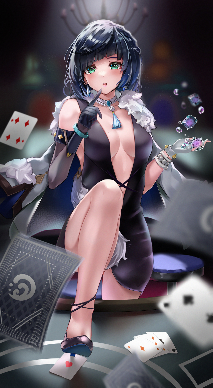 1girl absurdres ace_of_diamonds ace_of_hearts alternate_costume asymmetrical_gloves bangs bare_shoulders black_dress black_gloves black_hair blunt_bangs blurry blurry_background breasts card choker commentary_request diamond_(shape) dice dress elbow_gloves fingerless_gloves genshin_impact gloves green_eyes heart high_heels highres holding indoors looking_at_viewer medium_breasts mismatched_gloves parted_lips scup short_dress short_hair solo white_gloves yelan_(genshin_impact)