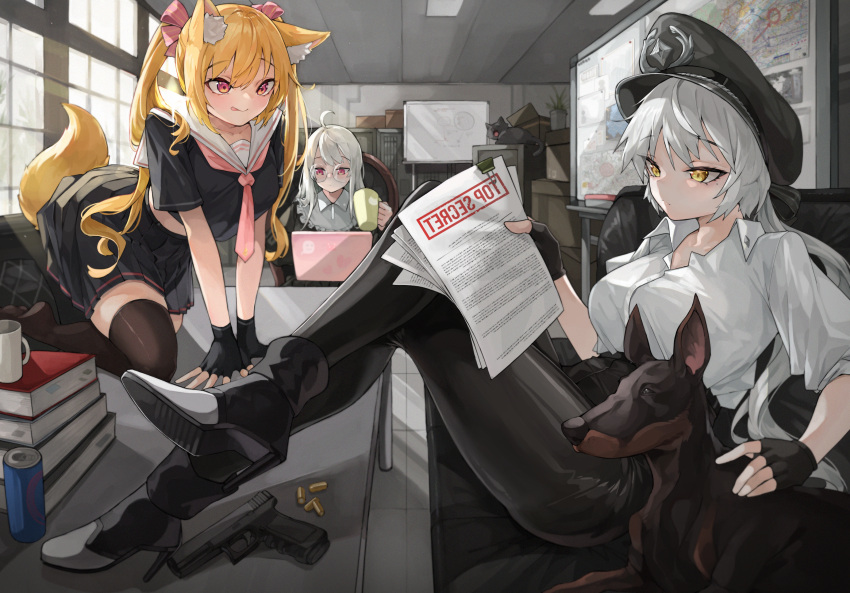 3girls :p ahoge all_fours animal_ear_fluff animal_ears bangs blonde_hair book book_stack boots box bullet can cat collared_shirt computer cup doberman dog feet_on_table fingerless_gloves frills glasses gloves gun hair_ribbon handgun hat high_heels highres holding holding_paper indoors laptop long_hair military_hat mug multiple_girls neckerchief office orange_eyes original paper petting pic pistol red_eyes ribbon school_uniform serafuku shirt sleeves_rolled_up smile tail tongue tongue_out twintails weapon white_hair whiteboard yellow_eyes